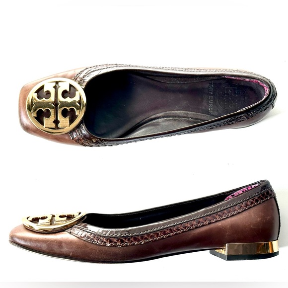 Tory Burch Shoes - Tory Burch Snakeskin and Leather Flats, Oversized Gold Logo, size 7.5